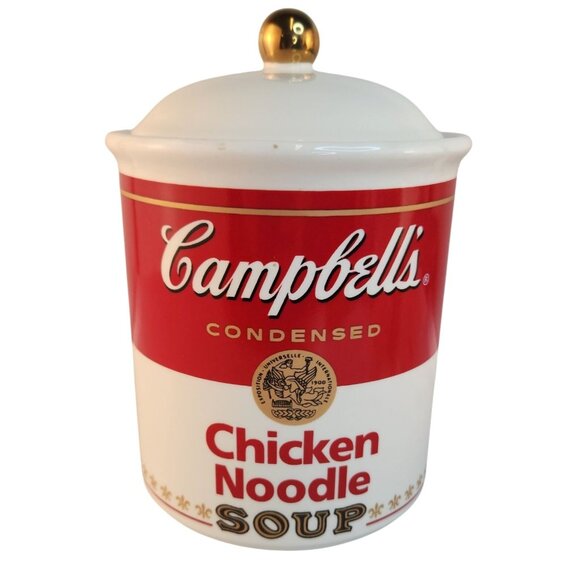 Campbells Soup Ceramic Storage Container Gold Lid Chicken Noodle 1999 Made In Ch - Picture 1 of 10